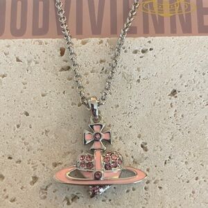 Vivienne Westwood Pink Orb Necklace Crystal Saturn Pendant Iconic Logo